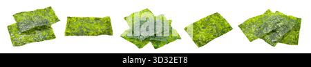 Set getrockneter grüner Nori-Blätter, isoliert auf weißem Hintergrund Stockfoto