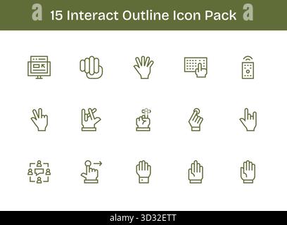 Ein vielseitiger Satz von 15 Konturvektorsymbolen mit Fokus auf Interact, ideal für mobile Anwendungen und Webanwendungen. Stock Vektor