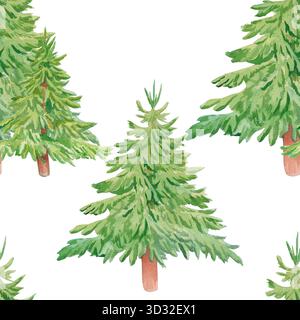 Weihnachtsbaum nahtlos handgezeichnetes Aquarellmuster isoliert auf weiß. Immergrüne Bäume Hintergrund für Naturmotive, umweltfreundliche Einrichtung und Jahreszeit Stockfoto