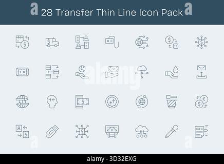 Professionell gestaltete 28 Symbole im Thin Line-Stil, die das Wesen von Transfer für UI-Design einfangen. Stock Vektor