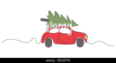 Durchgehende Linienzeichnung eines Retro-Autos mit Weihnachtsbaum. Weihnachtsillustration im Linienstil Stock Vektor