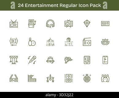 Ein vielseitiger Satz von 24 Vektorsymbolen mit normaler Kontur, die sich auf Unterhaltung konzentrieren und ideal für mobile und Web-Anwendungen geeignet sind. Stock Vektor