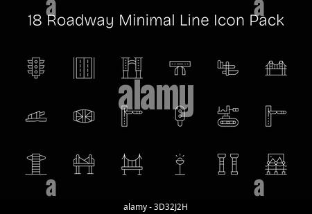 Kuratiertes Paket mit 18 Vektorsymbolen im Minimal Line-Design, das sich um Fahrbahnkonzepte dreht. Stock Vektor