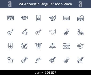 Entdecken Sie 24 Vektorsymbole im Stil der regulären Kontur, die von Akustik inspiriert sind. Perfekt für Web- und App-Schnittstellen. Stock Vektor