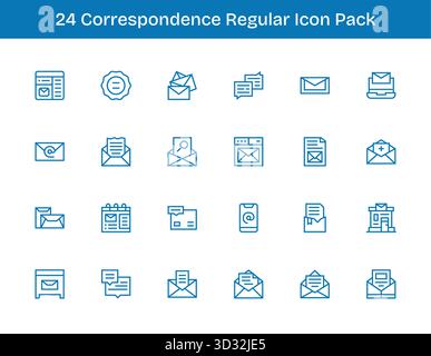 Ein vielseitiger Satz von 24 Vektorsymbolen mit normaler Kontur, die sich auf Korrespondenz konzentrieren und ideal für mobile und Web-Anwendungen geeignet sind. Stock Vektor
