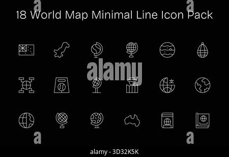 Ein dynamischer Satz von 18 Symbolen im Minimal Line-Stil, speziell für die Weltkarte und für digitale Produkte geeignet. Stock Vektor