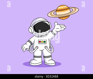 Netter Astronaut mit Saturn Planet auf seiner Hand Vektor Illustration Cartoon Design Stock Vektor