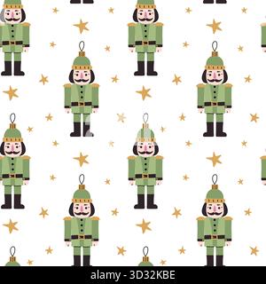 Diese Szene zeigt ein sich wiederholendes Muster von Nussknacker-Soldaten, die in Grün mit schwarzen Stiefeln und Hüten gekleidet sind, umgeben von kleinen goldenen Sternen gegen A Stock Vektor