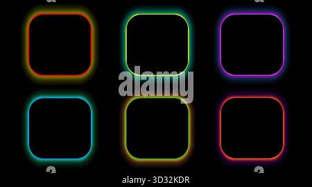 Quadratische schwarze Rahmen mit abgerundeten Ecken und mehrfarbigem LED-Panel. Neonlicht-Effekt. 3D-Vektor auf schwarzem Hintergrund. Stock Vektor
