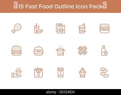 Diese Kollektion umfasst 15 Symbole im Outline-Stil, die speziell auf das Fast Food-Thema zugeschnitten sind und sich hervorragend für digitales Design eignen. Stock Vektor