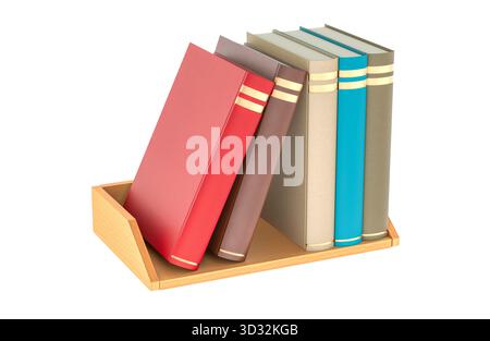 Bunte Bücher auf Holzregal, 3D-Rendering isoliert auf weißem Hintergrund Stockfoto