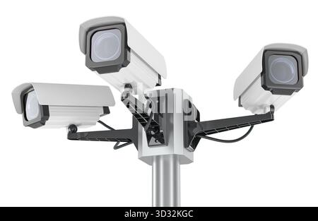 Überwachungskameras, die auf einem Metallmast montiert sind und in verschiedene Richtungen zeigen. 3D-Rendering isoliert auf weißem Hintergrund Stockfoto