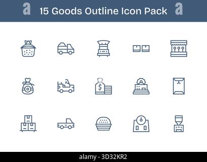 Diese Kollektion umfasst 15 Symbole im Outline-Stil, die auf das Warenthema zugeschnitten sind und sich hervorragend für digitales Design eignen. Stock Vektor
