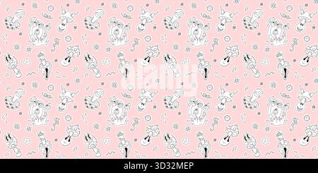 Psychedelic Grooviy Pilz nahtlose Charaktermuster im groovigen Line Art Stil. Lustiger Charakter und abstrakte Elemente, Tapetenmuster, Grafik aus den 90er Jahren Stock Vektor