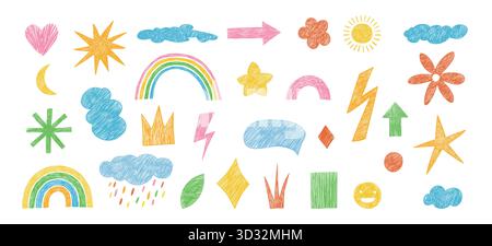 Abstrakte Stickerpackung mit Wolken- und Blumenformen. Vektorsatz abstrakter organischer Formen. Groovige funky Blume, Bubble, Stern, Loop, Wellen im trendigen Retro 9 Stock Vektor