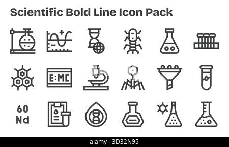 Entdecken Sie ein Set von 18 Bold Line Symbolen, die speziell für das wissenschaftliche Thema entwickelt wurden und sich ideal für moderne UI/UX-Projekte eignen. Stock Vektor