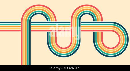 Abstrakter Retro-Regenbogenwellenhintergrund mit kurvigen Linien und lebhaften Streifen. Das von Hippie inspirierte Vektormuster der 1970er Jahre, das groovige bunte Design ist perfekt für Stock Vektor