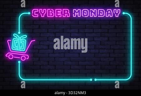 Cyber Monday-Rahmen in leuchtendem Neon mit Einkaufswagen und Geschenksymbol an einer dunklen Ziegelwand, ideal für Anzeigen oder Website-Banner. Vektorabbildung Stock Vektor