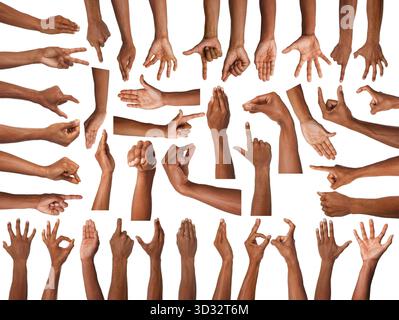Satz Handgesten auf weißem Hintergrund. afroamerikaner zeigt Arm, Nahaufnahme Stockfoto