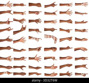 Satz Handgesten auf weißem Hintergrund. afroamerikaner zeigt Arm, Nahaufnahme Stockfoto