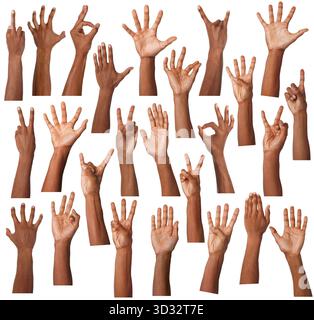 Satz Handgesten auf weißem Hintergrund. afroamerikaner zeigt Arm, Nahaufnahme Stockfoto