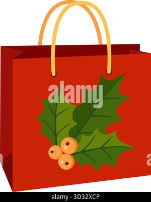 Weihnachtsgeschenktasche mit stechpalmenblättern und roten Beeren. Punktmuster, Griffe. Flache Ausführung isoliert. Für Geschenkverpackungen, Grußkarten, Verpackungsdesign, saisonale Dekoration. Vektorabbildung Stock Vektor