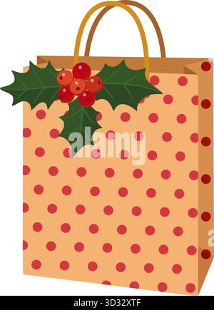 Weihnachtsgeschenktasche mit stechpalmenblättern und roten Beeren. Punktmuster, Griffe. Flache Ausführung isoliert. Für Geschenkverpackungen, Grußkarten, Verpackungsdesign, saisonale Dekoration. Vektorabbildung Stock Vektor