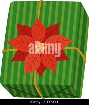 Festliche, grün gestreifte Geschenkbox mit roter Weihnachtsstern. Festliche flache Vektor-Illustration, perfekt für Weihnachtskarten, Verpackungen, Poster und Winterdesign-Projekte. Vektorabbildung Stock Vektor