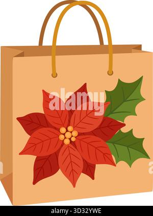 Weihnachtsgeschenktasche mit stechpalmenblättern und Weihnachtsstern. Geschenktasche mit Griffen. Flache Ausführung isoliert. Für Geschenkverpackungen, Grußkarten, Verpackungsdesign, saisonale Dekoration. Vektorabbildung Stock Vektor