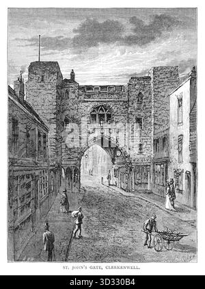 Ein Stich des St. John’s Gate aus dem 19. Jahrhundert in Clerkenwell, London. Stockfoto