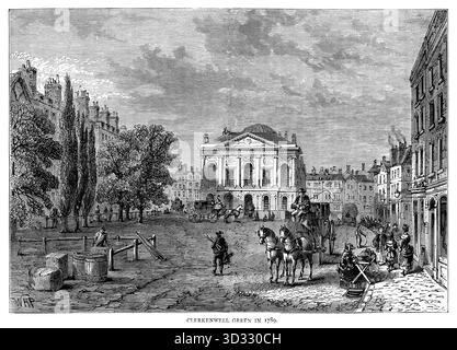 Ein Stich aus dem 19. Jahrhundert von Clerkenwell Green, wie es um 1789 aussah. Clerkenwell Green wurde vom Middlesex Sessions House dominiert, das in diesem Jahr erbaut wurde. Und diente als Gericht der Bezirksrichter. Stockfoto