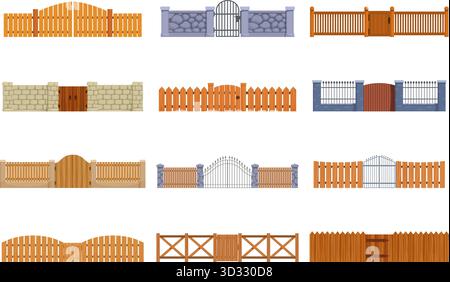Zeichentrickzäune. Hölzerner Steinzaun, Tore und Wiesen zum ein- und Aussteigen in Park, Gartenhof. Gateways Außendesign, Sapid Vector Set o Stock Vektor