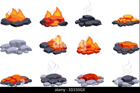 Cartoon brennende Holzkohlen. Verbrannte und löschte Kohle mit Rauch. Rote heiße Steine, Kohlen zum Grillen oder Kamin, Lagerfeuer auf der Natur, sapid Vektor se Stock Vektor