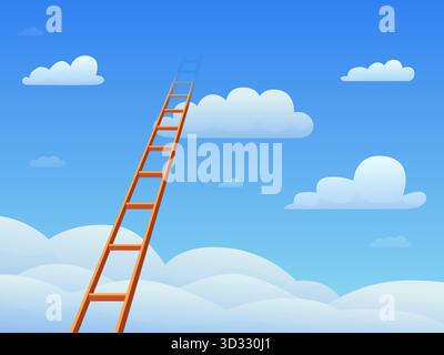 Leiter zu Wolke. Hölzerne hohe Treppe in blauem Himmel. Der Weg zu Träumen oder Phantasie, in Wolken zu sein, mehr am Arbeitsplatz zu erreichen. Metapher-Sapidenvektor zurück Stock Vektor