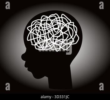 Silhouette eines Kinderkopfes mit verwirrten Gedanken. Kindliches psychologisches Trauma oder psychische Störung. Verwirrter Geist. Depressives Kind. Menschliches Profil. Medic Stock Vektor