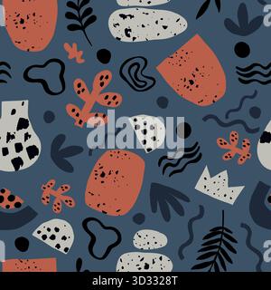 Verschiedene mehrfarbige abstrakte grafische Elemente, nahtloses Muster. Moderne Boho-Kunstformen. Minimalistisch strukturierte Kritzelvasen und Pflanzenblätter. Wiederholte p Stock Vektor