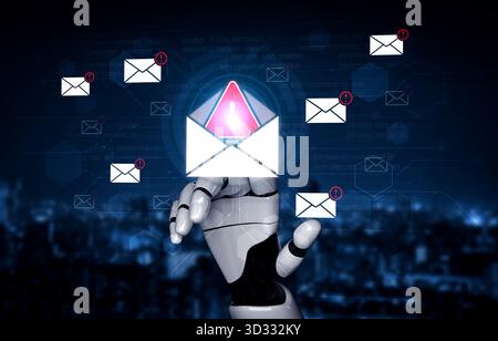 Ein KI-Assistent erkennt eine kritische Cybersicherheitsbedrohung und identifiziert eine Phishing-E-Mail im Posteingang. Dieses intelligente System gibt eine Warnung aus, um ein mA zu verhindern Stockfoto