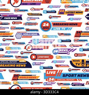 Logos und News Ticker Vorlagen nahtloses Muster. Anzeigetafel. Live-Streaming-Video-Kanalbalken. Im Vergleich zu Schlagzeile. Wiederholter Druck. Turnierdei Stock Vektor