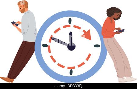 Müde und erschöpfte Leute, die auf den Bildschirm schauen. Zeitverschwendung. Mobile sucht. Mann und Frau, die Smartphones benutzen. Großer Countdown für die Uhr. Süchtiger Coup Stock Vektor