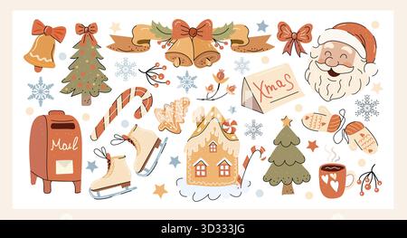 Weihnachtsset mit grafischen Elementen, handgezeichnetem Retro-Stil – niedliche Objekte, Weihnachtsmann, Weihnachtsbaum, Geschenkboxen, Kugeln und andere Elemente. Vektor Stock Vektor