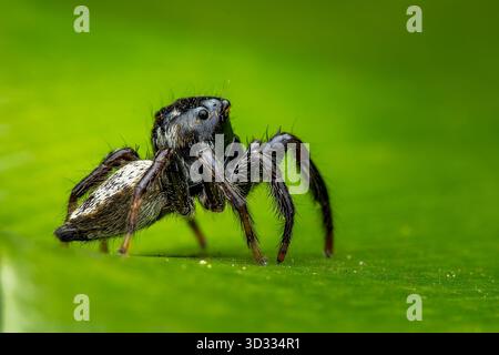 Ptocasius strupifer, springende Spinne auf grünem Hintergrund Stockfoto
