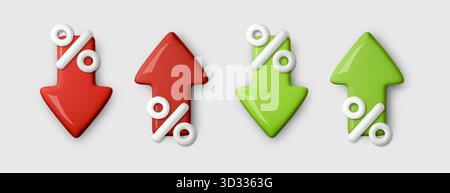 3D-Prozentsymbole mit roten und grünen Pfeilen, die Preiswachstum und -Rückgang symbolisieren. Modernes Vektorkonzept für Unternehmen, Finanzen, Verkauf und Wirtschaft Stock Vektor