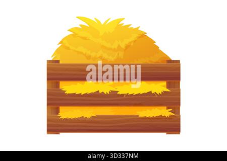 Holzkiste mit Heu, Stroh. Strohhaufen in Holzkiste Goldener gelber Weizen, herbstlicher trockener Grasballen, Futter, Futter im Lagerbehälter.Vektor-Illustration Stock Vektor