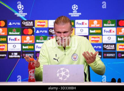 Erling Haaland von Manchester City während einer Pressekonferenz im Etihad Stadium in Manchester. Bilddatum: Dienstag, 4. November 2025. Stockfoto