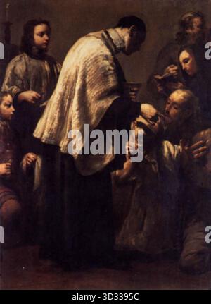 CRESPI, Giuseppe Maria (* 1665, Bologna, d. 1747, Bologna) Kommunion 1712 Öl auf Leinwand, 128 x 95 cm Edelstein-ldegalerie, Dresden dieses Gemälde gehört zu einer Serie von Crespi, die die sieben Sakramente als einzelne Szenen darstellt: Taufe, Bekenntnis, Bestätigung, Kommunion, extreme Salbung, Ordination und Ehe. --- Schlüsselwörter: ----------------- Autor: CRESPI, Giuseppe Maria Titel: Kommunion Zeitlinie: 1701-1750 Schule: Italienisch Form: Malerei Art: Religiös Stockfoto
