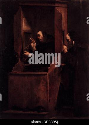 CRESPI, Giuseppe Maria (* 1665, Bologna, d. 1747, Bologna) Geständnis 1712 Öl auf Leinwand, 127 x 95 cm Edelstein, Dresden dieses Gemälde gehört zu einer Serie von Crespi, die die sieben Sakramente als einzelne Szenen darstellt: Taufe, Bekenntnis, Bestätigung, Kommunion, extreme Salbung, Ordination und Ehe. --- Schlüsselwörter: ----------------- Autor: CRESPI, Giuseppe Maria Titel: Beichte Zeitlinie: 1701-1750 Schule: Italienisch Form: Malerei Art: Religiös Stockfoto
