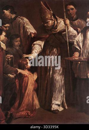 CRESPI, Giuseppe Maria (* 1665, Bologna, d. 1747, Bologna) Konfirmation 1712 Öl auf Leinwand, 125 x 93 cm Edelstein, Dresden dieses Gemälde gehört zu einer Serie von Crespi, die die sieben Sakramente als einzelne Szenen darstellt: Taufe, Bekenntnis, Bestätigung, Kommunion, extreme Salbung, Ordination und Ehe. --- Schlüsselwörter: ----------------- Autor: CRESPI, Giuseppe Maria Titel: Bestätigung Zeitlinie: 1701-1750 Schule: Italienisch Form: Malerei Art: Religiös Stockfoto