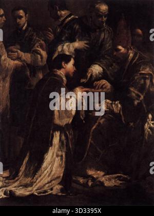 CRESPI, Giuseppe Maria (* 1665, Bologna, d. 1747, Bologna) Ordination 1712 Öl auf Leinwand, 127 x 95 cm Edelstein-ldegalerie, Dresden dieses Gemälde gehört zu einer Serie von Crespi, die die sieben Sakramente als einzelne Szenen darstellt: Taufe, Beichte, Bestätigung, Kommunion, extreme Salbung, Ordination und Ehe. --- Schlüsselwörter: ----------------- Autor: CRESPI, Giuseppe Maria Titel: Ordinationszeit: 1701-1750 Schule: Italienisch Form: Malerei Art: Religiös Stockfoto