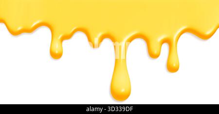 Goldener Honig tropft mit glänzender flüssiger Textur auf weißem BG, Sirup fließt in realistischem viskosen Fluss nach unten. Stock Vektor