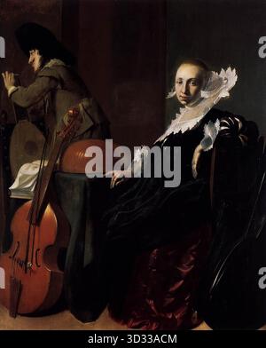 DUYSTER, Willem Cornelisz. (b. 1599, Amsterdam, d. 1635, Amsterdam) Musikspaar - Öl auf Eiche, 43 x 36 cm staatliche Museen, Berlin in diesem Gemälde hört eine nachdenkliche, reich gekleidete junge Frau einer Lautenistin zu, die den Rücken zu ihr hat. Anstatt wie ein eheliches Porträt zu erscheinen, könnte dieses Bild eher einer Genre-Szene näher kommen. --- Schlüsselwörter: ----------------- Autor: DUYSTER, Willem Cornelisz. Titel: Musikpaare Zeitlinie: 1601-1650 Schule: Niederländisch Form: Malerei Art: Genre Stockfoto